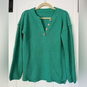 Cozy Green V-Neck Sweater with Button Detail